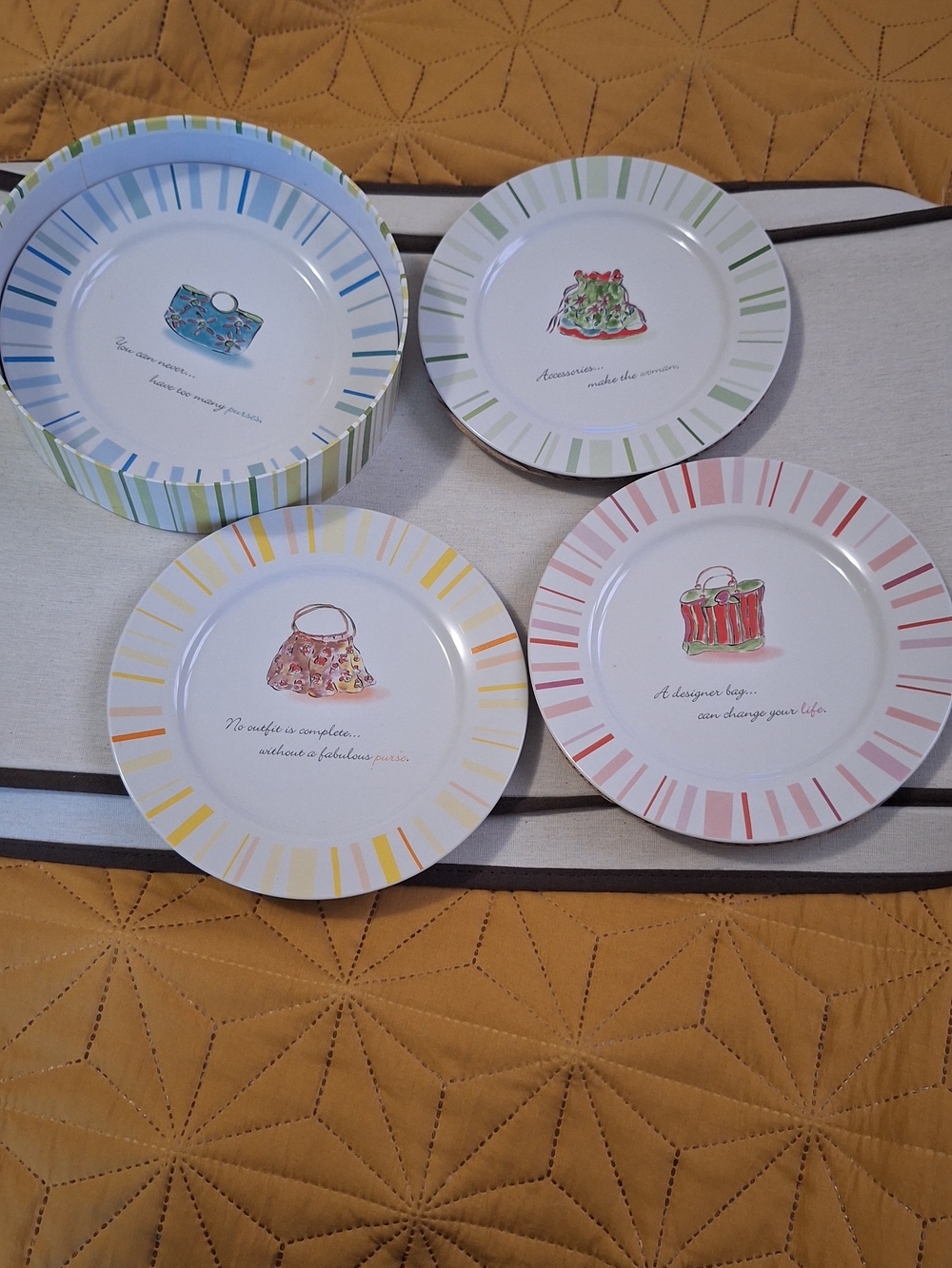 Fashion-Illustration Salad Plate Set - White with Multicolor Striped Rim